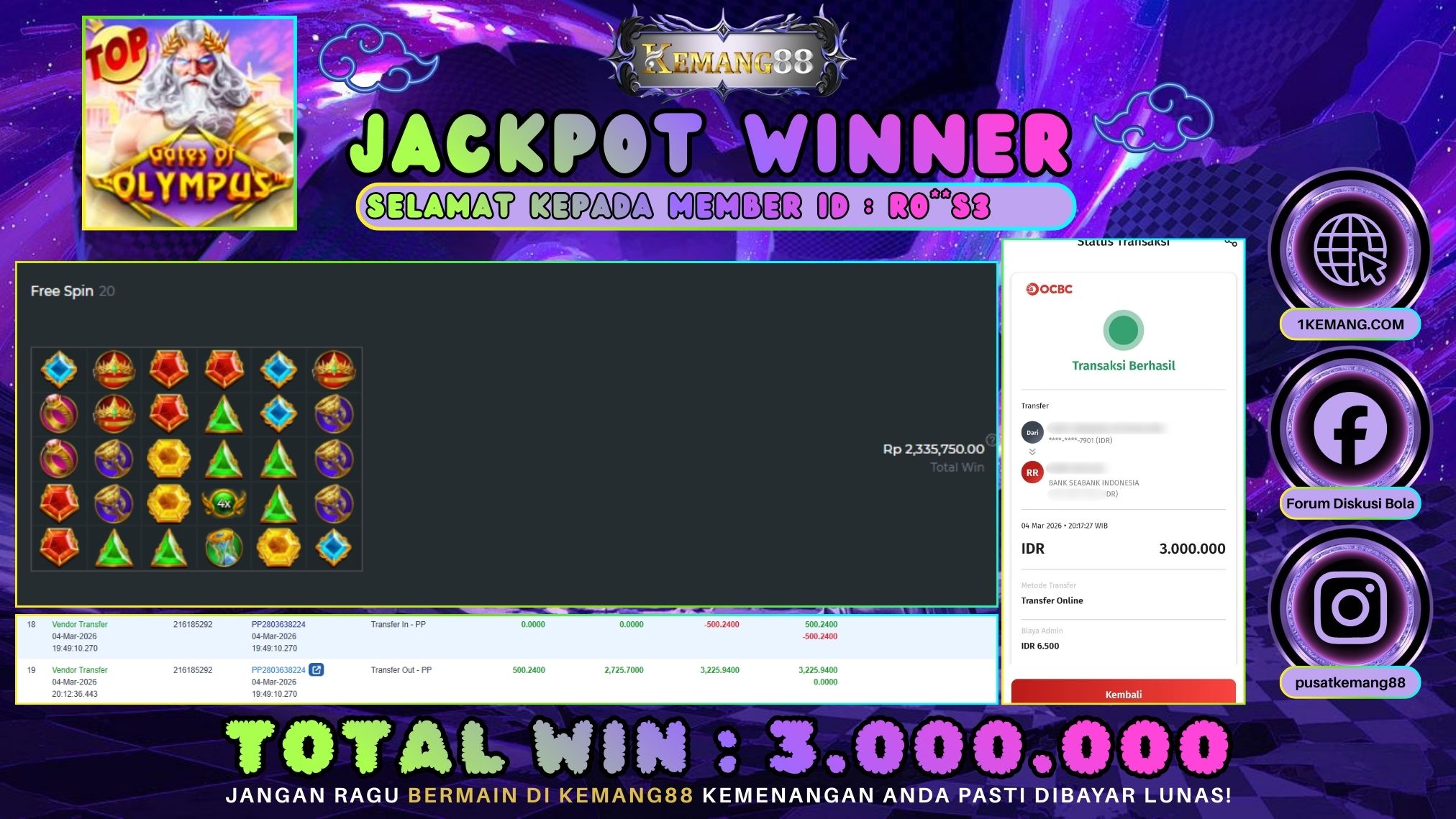 KEMANG88 [04 Maret 2026] : JACKPOT SLOT : GATES OF OLYMPUS [PP] Rp. 3.000.000.,- LUNAS